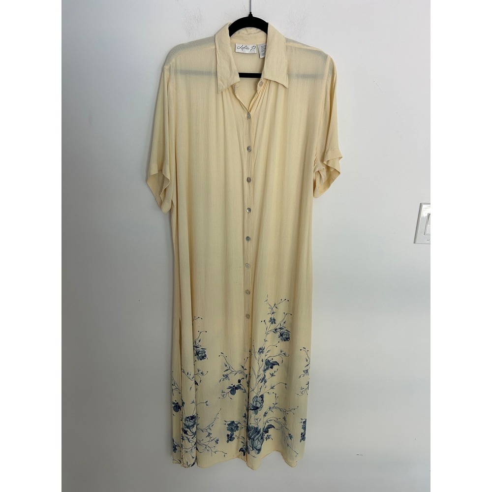 Lola P Vintage Yellow Rayon Floral Shirtdress Blue Hem Print Plus Size 16W‎